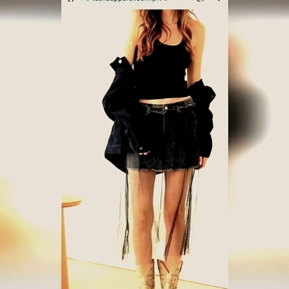Black denim distressed mini skirt with tulle mesh overlay - Picture 2 of 11
